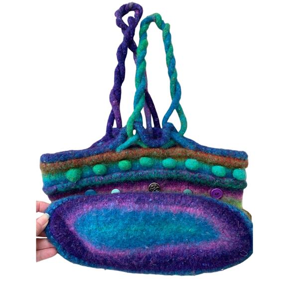Knitted Felted Wool Multicolor Shoulder Bag With Buttons and Bling Open Tote - Picture 7 of 10